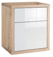 Moderner Holzcontainer mit zwei weißen Schubladen, seitliche Perspektive