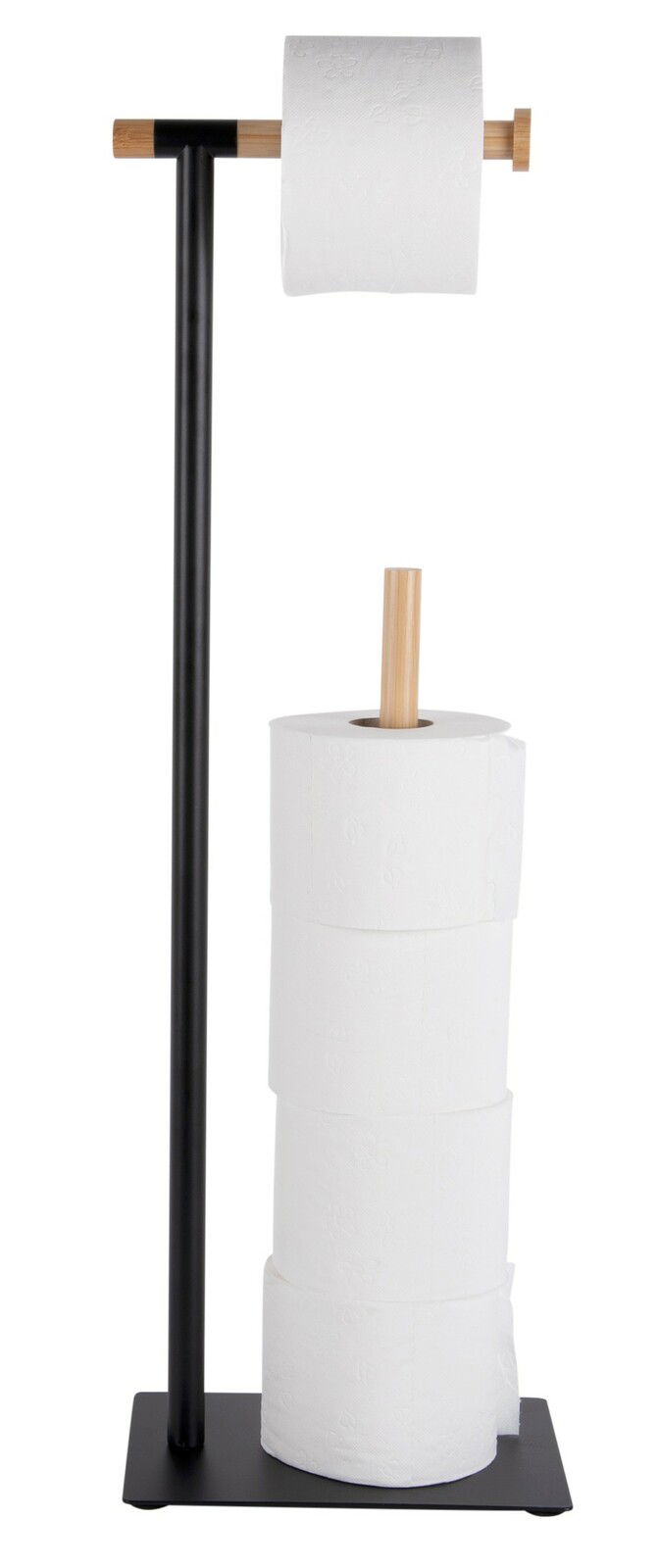 Toilettenrollenhalter aus Bambus mit schwarzem Standfuß, seitliche Perspektive
