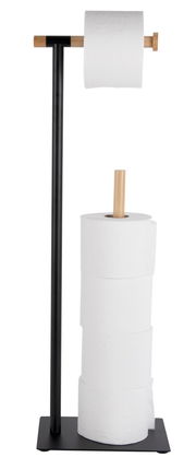 Toilettenrollenhalter aus Bambus mit schwarzem Standfuß, seitliche Perspektive