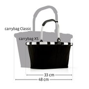 Schwarzer Einkaufskorb/Tragekorb „carrybag XS“ mit Aluminiumrahmen und klappbarem Griff, Frontansicht auf weißem Hintergrund, mit Größenvergleich zur carrybag Classic und Breitenangaben 33 cm (XS) und 48 cm (Classic).