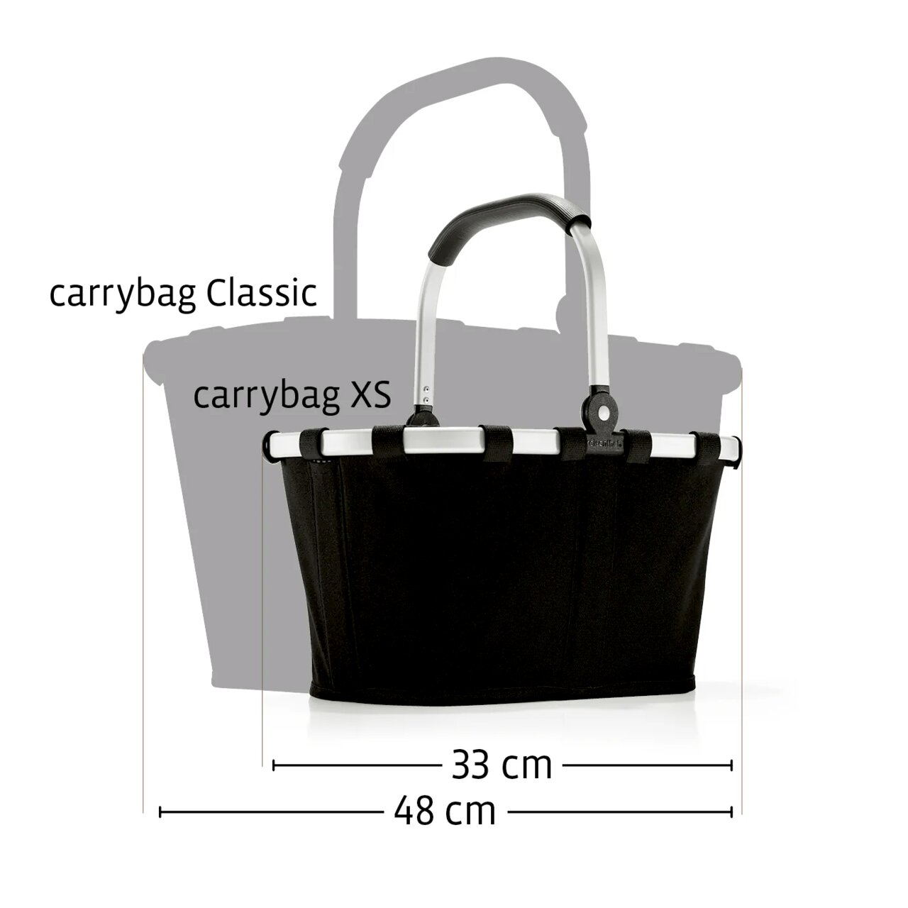 Reisenthel Carrybag XS Rhombus Midnight Schwarzer Einkaufskorb/Tragekorb „carrybag XS“ mit Aluminiumrahmen und klappbarem Griff, Frontansicht auf weißem Hintergrund, mit Größenvergleich zur carrybag Classic und Breitenangaben 33 cm (XS) und 48 cm (Classic).