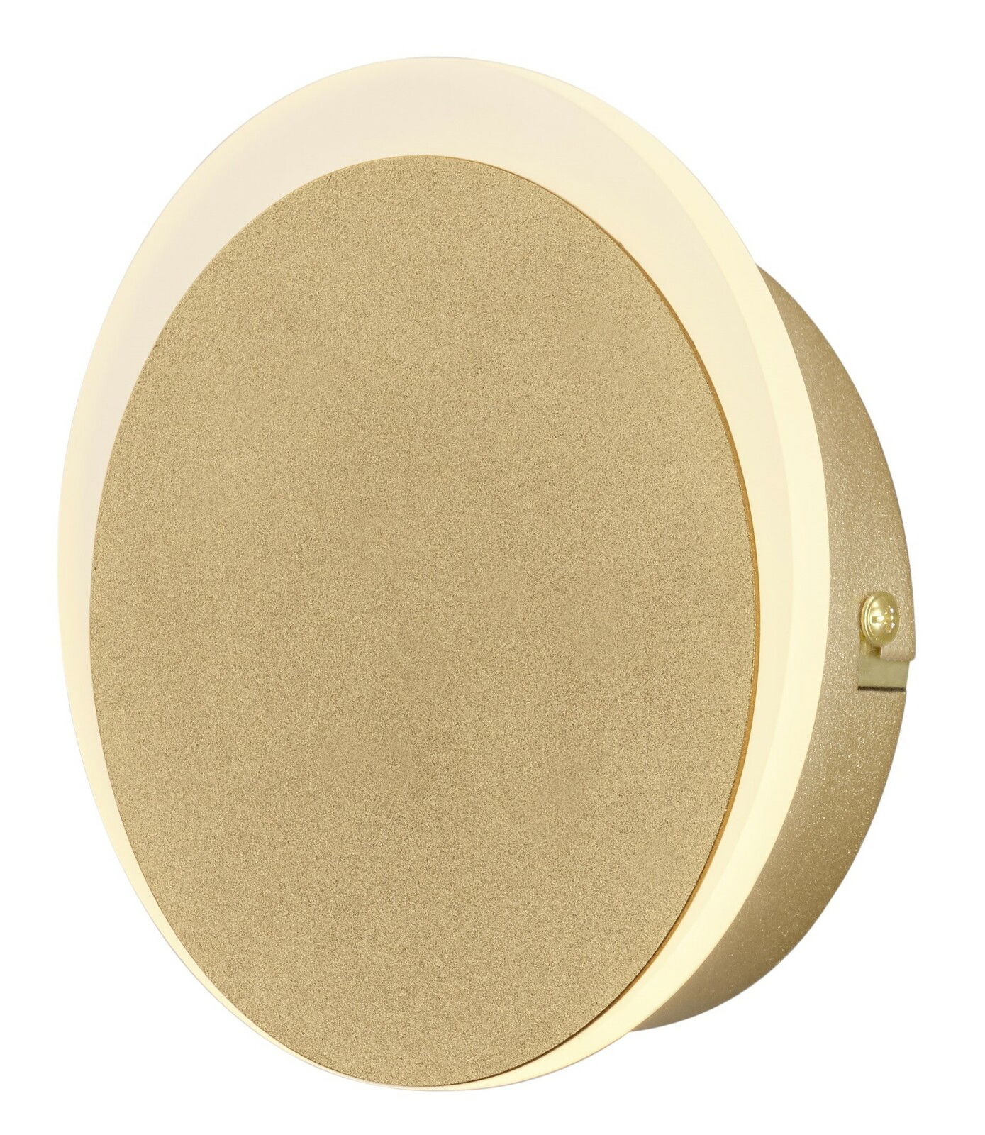 Goldene LED-Wandleuchte SUN in runder Form, seitliche Perspektive