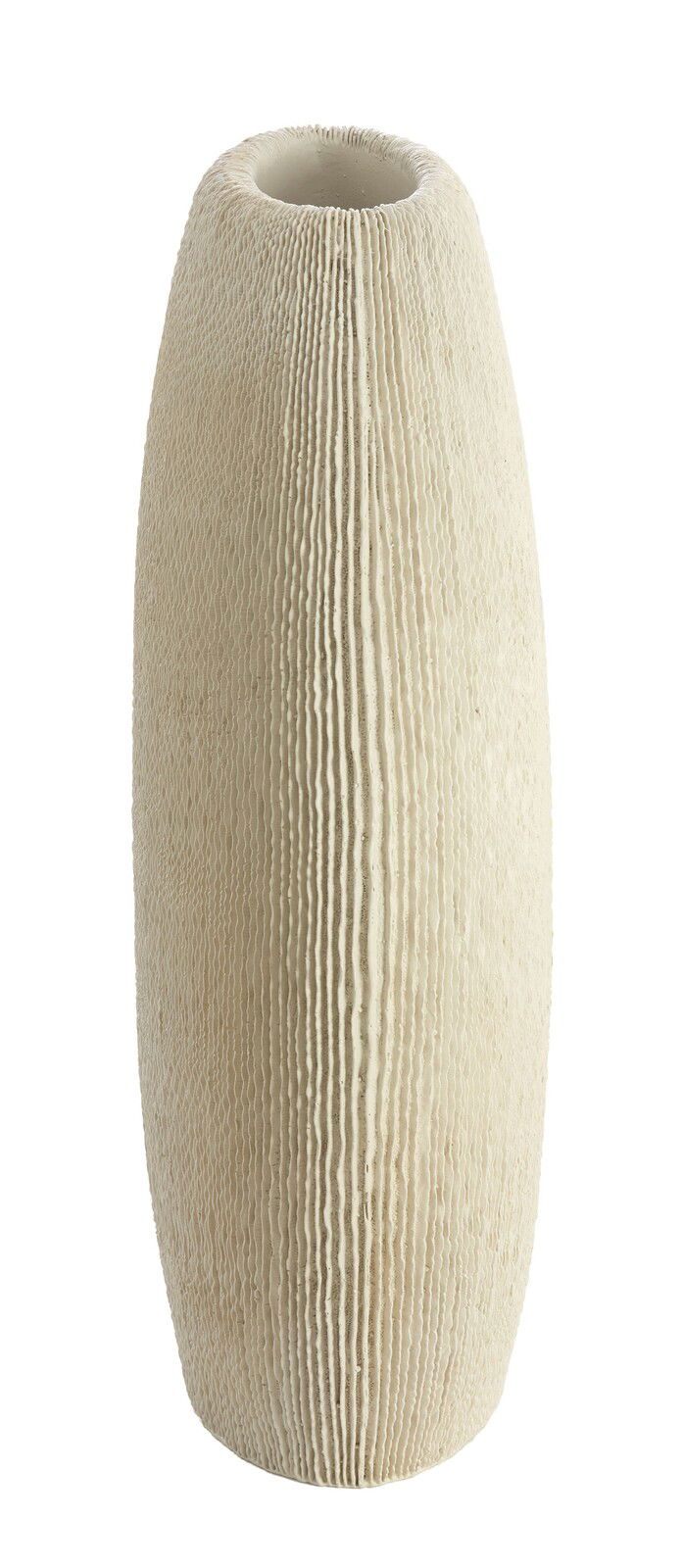 Hochformatige, beige Vase mit geriffelter Oberfläche, aus seitlicher Perspektive fotografiert.