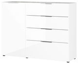 Weißes Sideboard mit vier Schubladen und einer Tür, frontale Perspektive