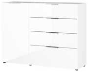 Weißes Sideboard mit vier Schubladen und einer Tür, frontale Perspektive