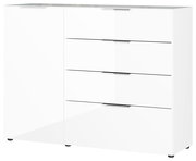 Weißes Sideboard mit vier Schubladen und einer Tür, frontale Perspektive