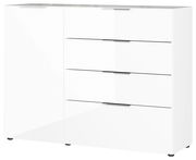 Weißes Sideboard mit vier Schubladen und einer Tür, frontale Perspektive