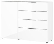 Weißes Sideboard mit vier Schubladen und einer Tür, frontale Perspektive