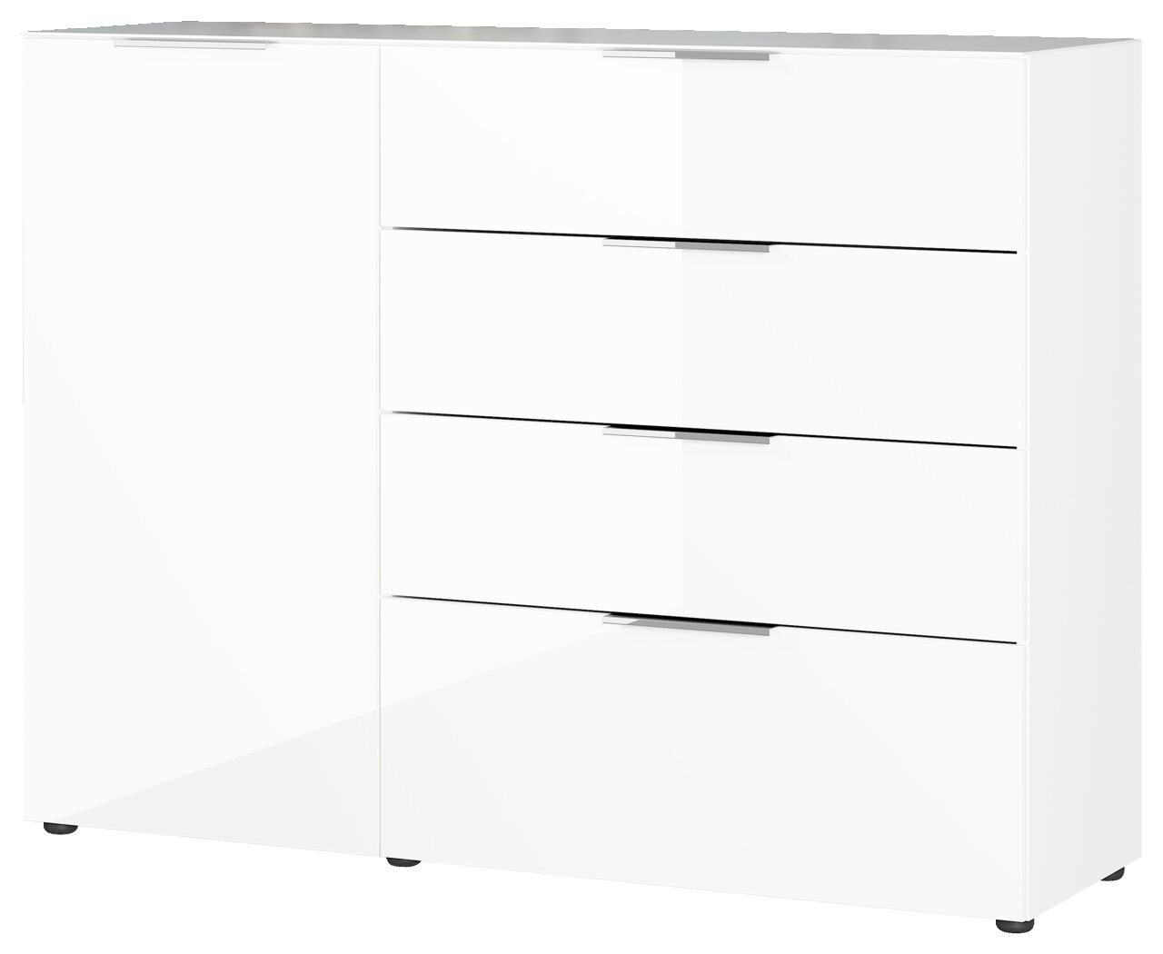 Weißes Sideboard mit vier Schubladen und einer Tür, frontale Perspektive