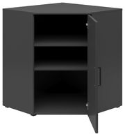 Eckkommode in dunklem Design mit geöffneter Tür, zwei Regalböden und einer modernen Griffleiste, frontale Perspektive.