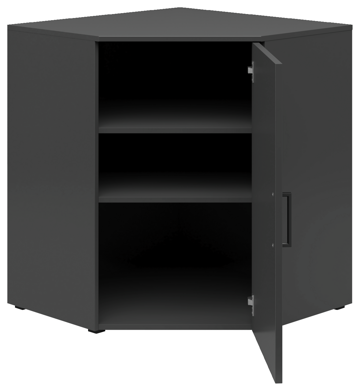 Eckkommode in dunklem Design mit geöffneter Tür, zwei Regalböden und einer modernen Griffleiste, frontale Perspektive.