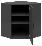 Eckkommode in dunklem Design mit geöffneter Tür, zwei Regalböden und einer modernen Griffleiste, frontale Perspektive.