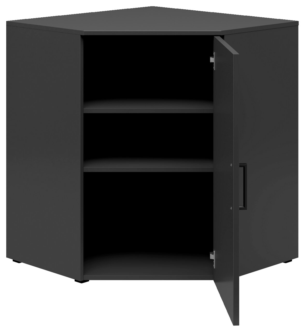 Eckkommode in dunklem Design mit geöffneter Tür, zwei Regalböden und einer modernen Griffleiste, frontale Perspektive.