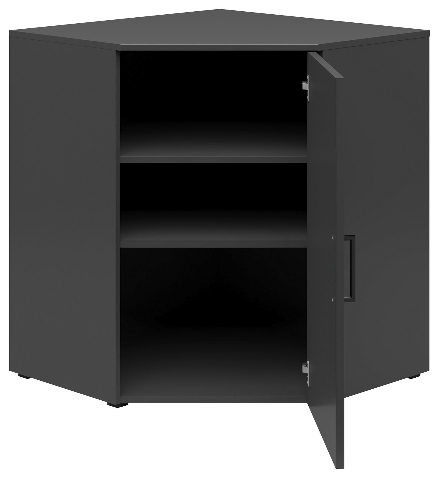 Eckkommode in dunklem Design mit geöffneter Tür, zwei Regalböden und einer modernen Griffleiste, frontale Perspektive.