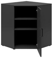 Eckkommode in dunklem Design mit geöffneter Tür, zwei Regalböden und einer modernen Griffleiste, frontale Perspektive.