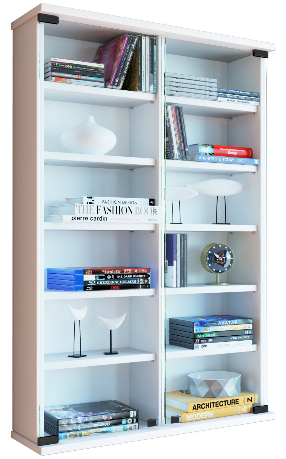 VCM CD/DVD Wand-Regal ZUNTISA Weißes Bücherregal mit Glas-Schiebetüren und mehreren Fachböden, gefüllt mit Büchern und Dekoobjekten, in leichter Frontansicht schräg von links