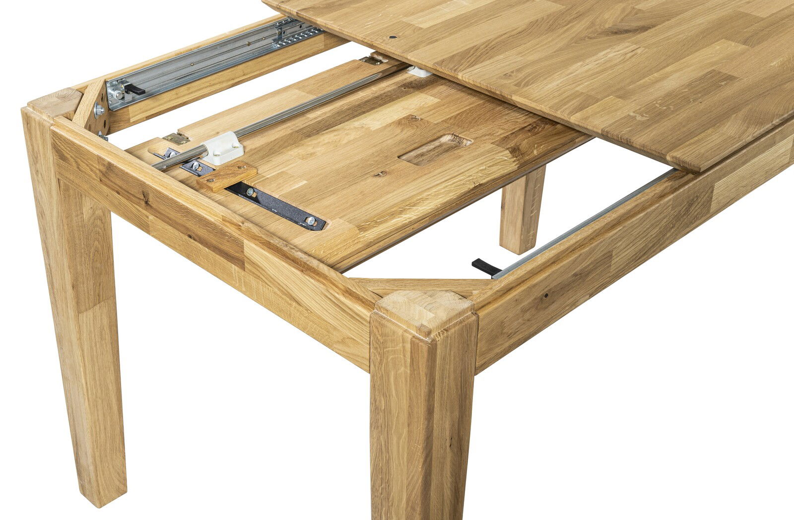 Esstisch aus Holz mit ausziehbarer Funktion, Perspektive von oben auf die Mechanik.