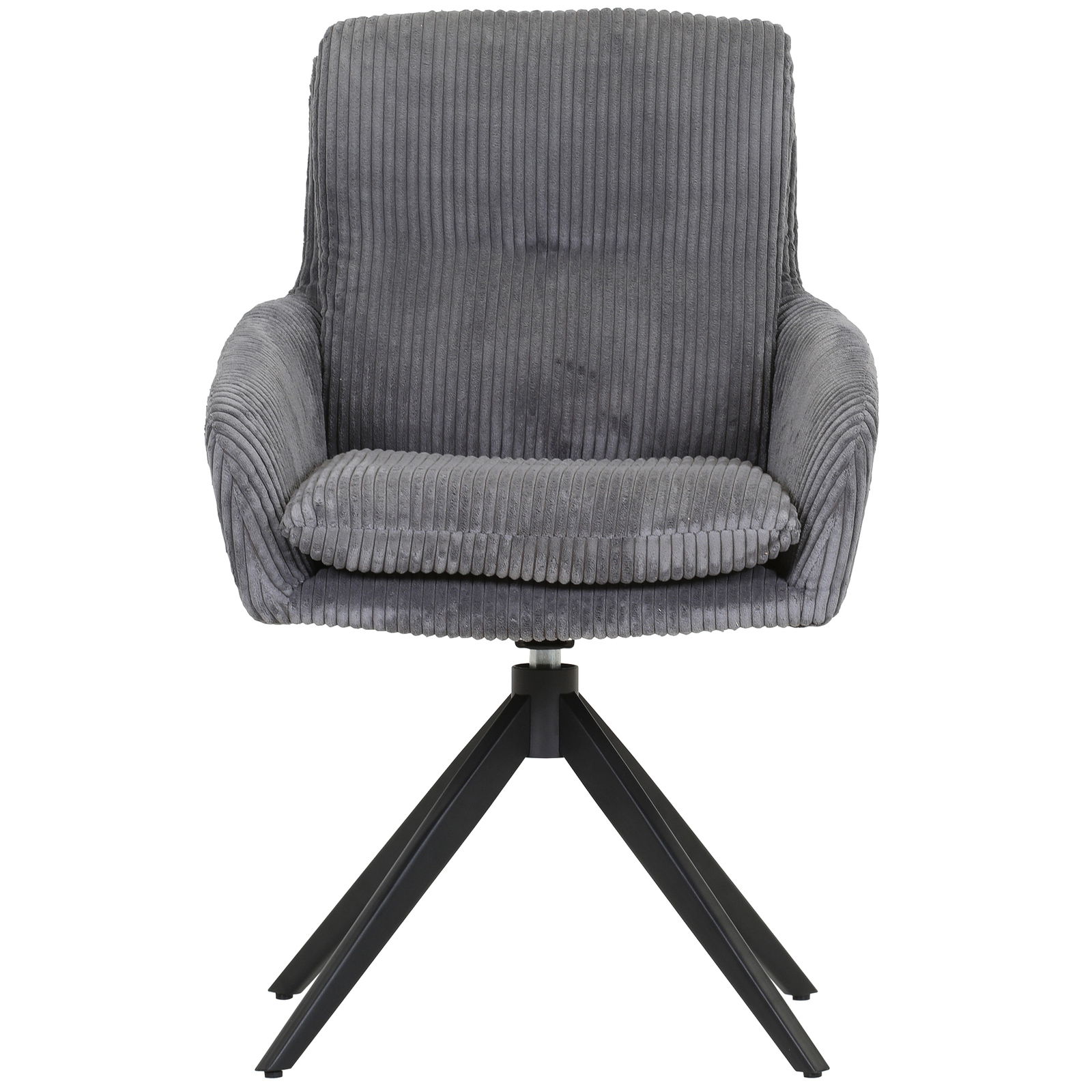 Grauer Armlehnstuhl mit geripptem Stoffbezug und schwarzem Metallgestell, Frontalansicht