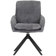 Grauer Armlehnstuhl mit geripptem Stoffbezug und schwarzem Metallgestell, Frontalansicht