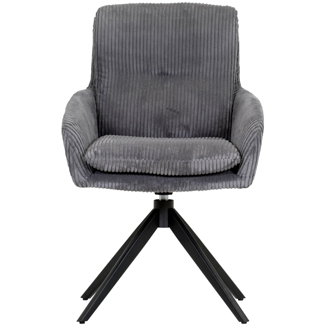 Grauer Armlehnstuhl mit geripptem Stoffbezug und schwarzem Metallgestell, Frontalansicht