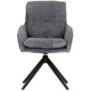 Grauer Armlehnstuhl mit geripptem Stoffbezug und schwarzem Metallgestell, Frontalansicht