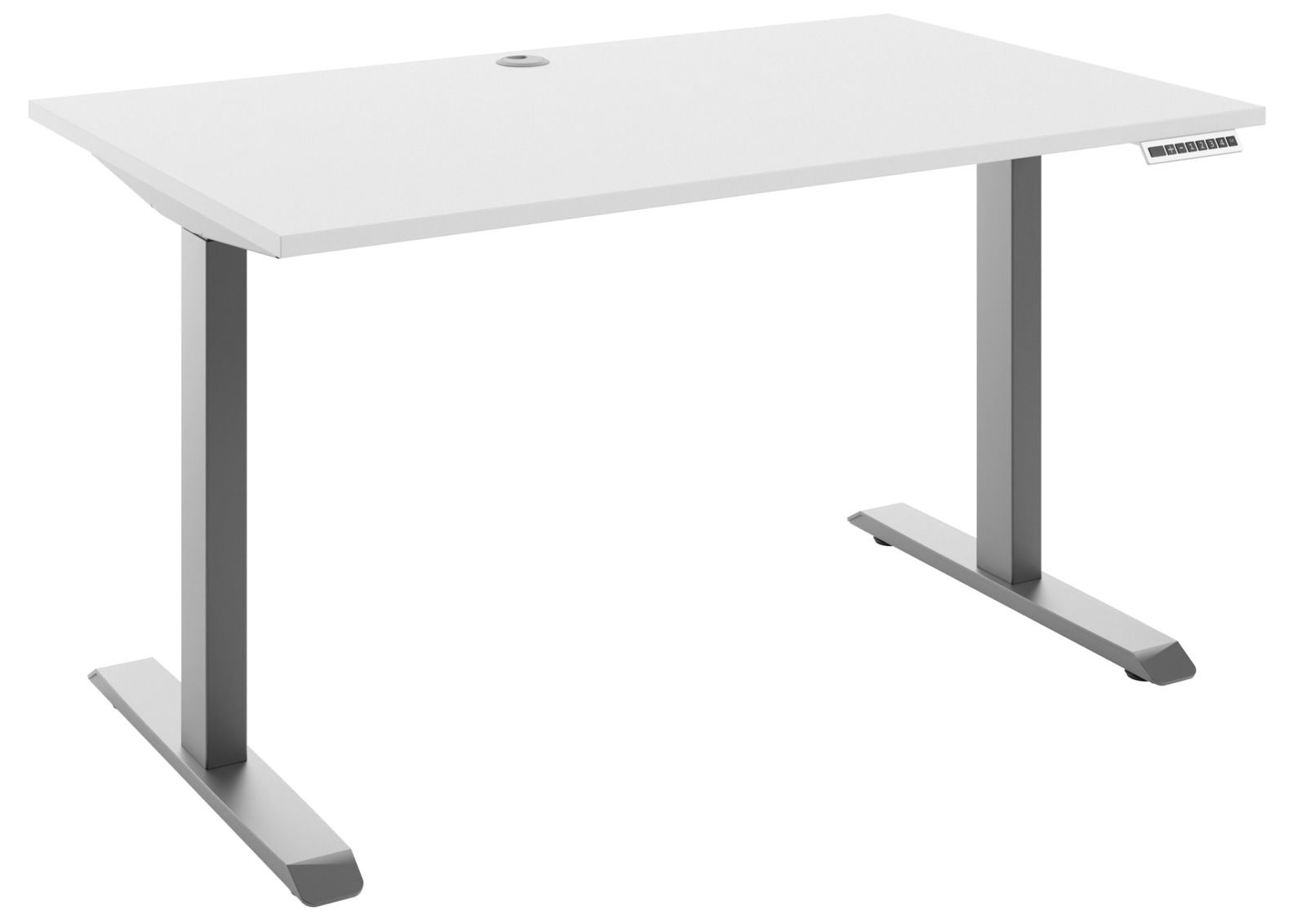 Moderner E-Schreibtisch in Weiß mit silbernen Beinen, seitliche Perspektive