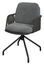 Grauer Armlehnstuhl mit gepolstertem Sitz und Rückenlehne, schwarzem Metallgestell, seitliche Perspektive