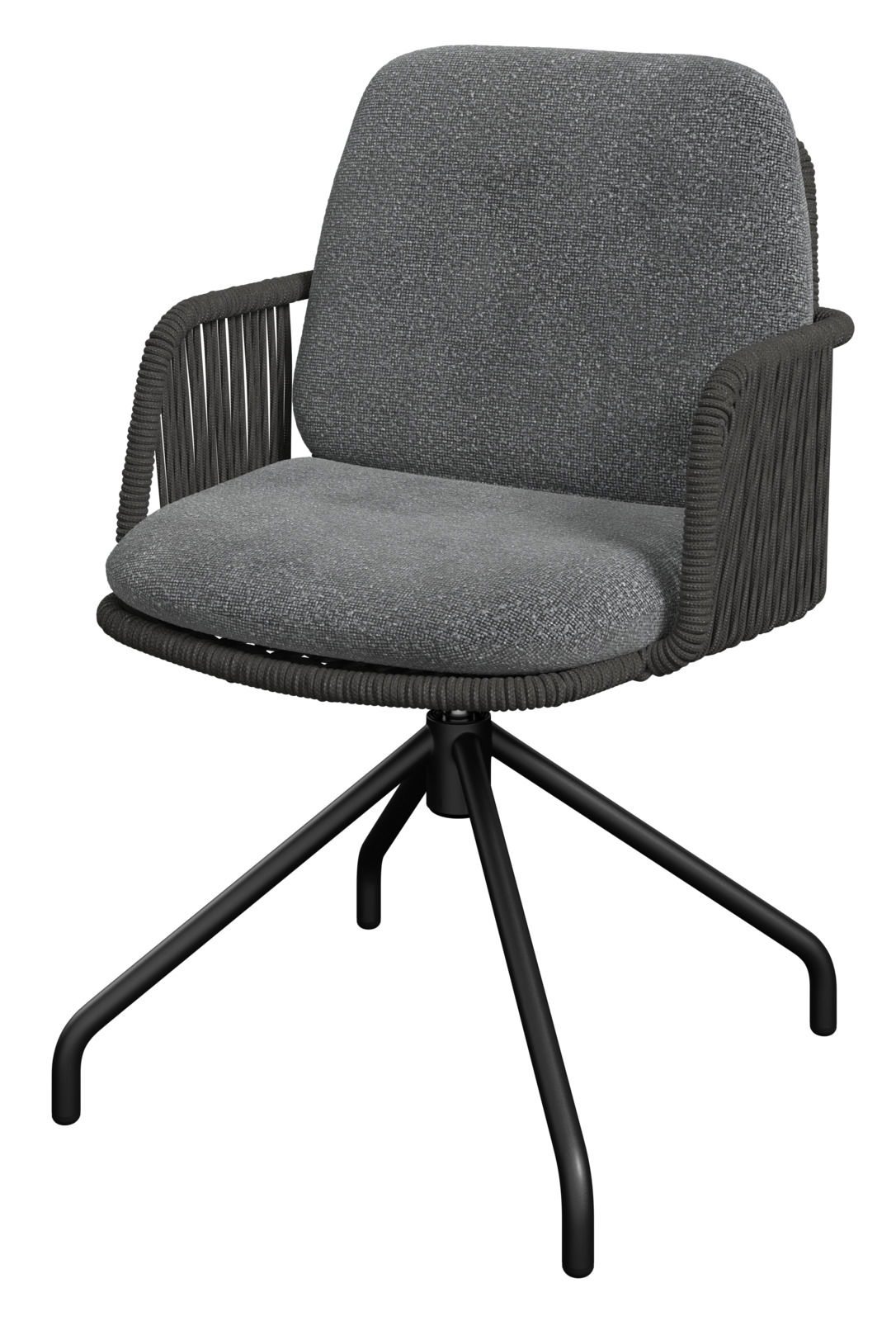 Grauer Armlehnstuhl mit gepolstertem Sitz und Rückenlehne, schwarzem Metallgestell, seitliche Perspektive