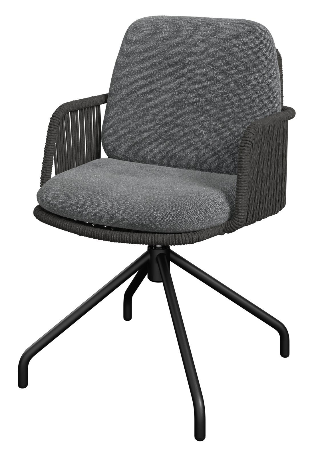 Grauer Armlehnstuhl mit gepolstertem Sitz und Rückenlehne, schwarzem Metallgestell, seitliche Perspektive