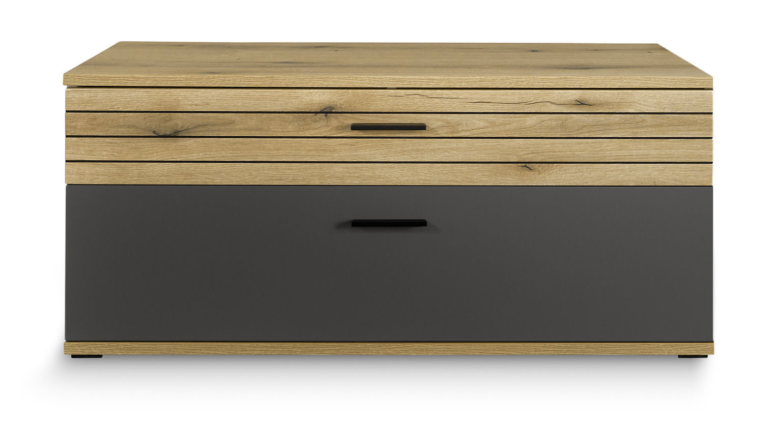 Frontansicht eines modernen TV-Lowboards mit Holzoptik und dunkler Schublade.