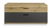Frontansicht eines modernen TV-Lowboards mit Holzoptik und dunkler Schublade.