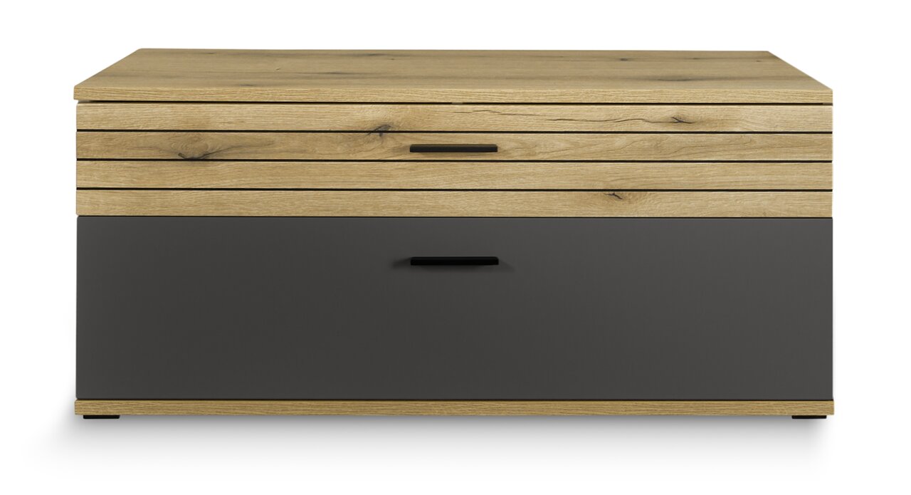 Frontansicht eines modernen TV-Lowboards mit Holzoptik und dunkler Schublade.