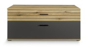 Frontansicht eines modernen TV-Lowboards mit Holzoptik und dunkler Schublade.