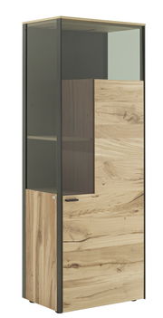 Modernes Highboard aus Holz mit Glasfront, seitliche Perspektive