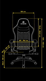 Gaming Stuhl von vorne mit verstellbaren Armlehnen und ergonomischem Design, Maße in Zentimetern angegeben.