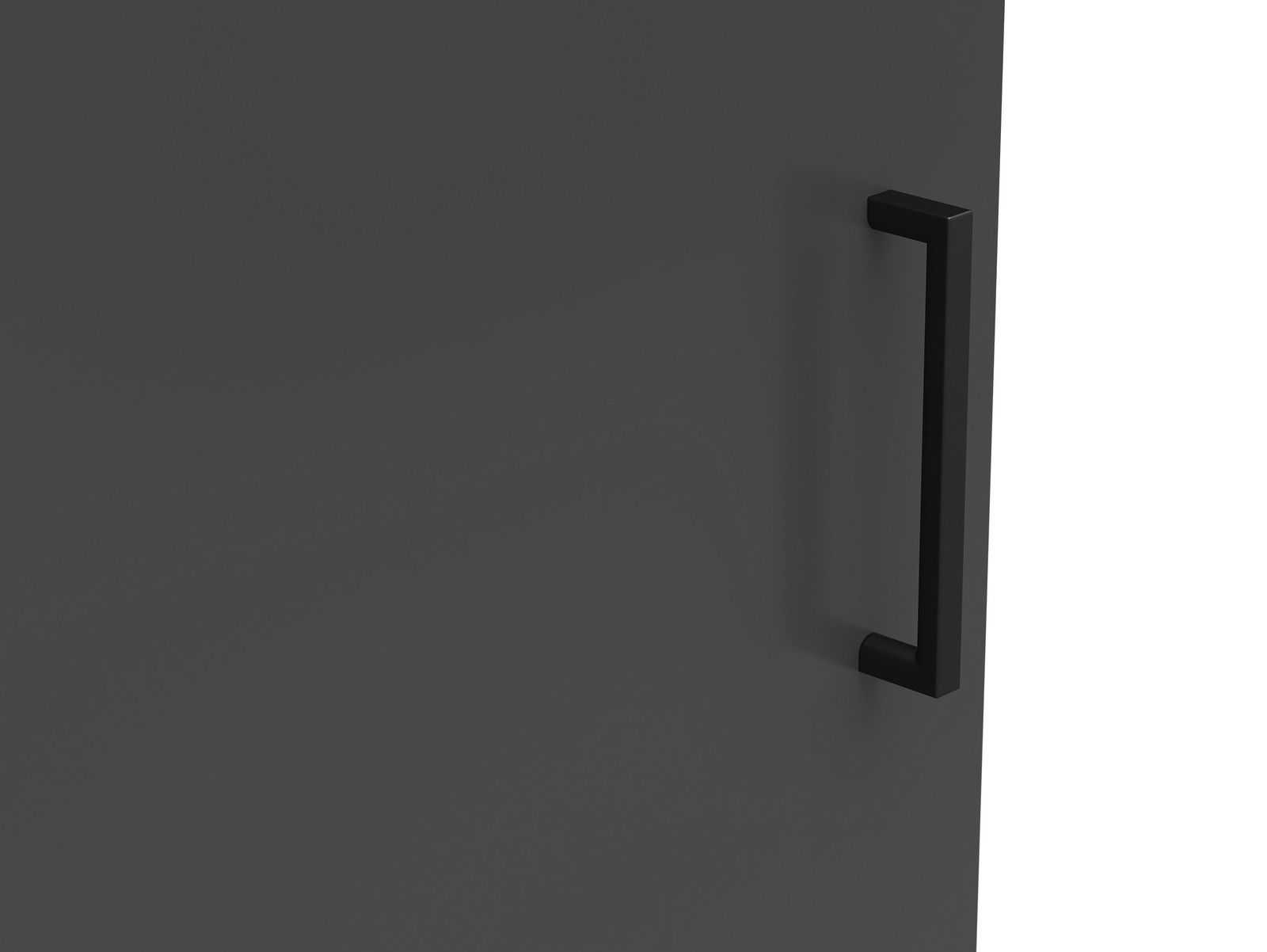 Nahaufnahme eines schwarzen Griffs an einer dunkelgrauen Kommodentür, seitliche Perspektive