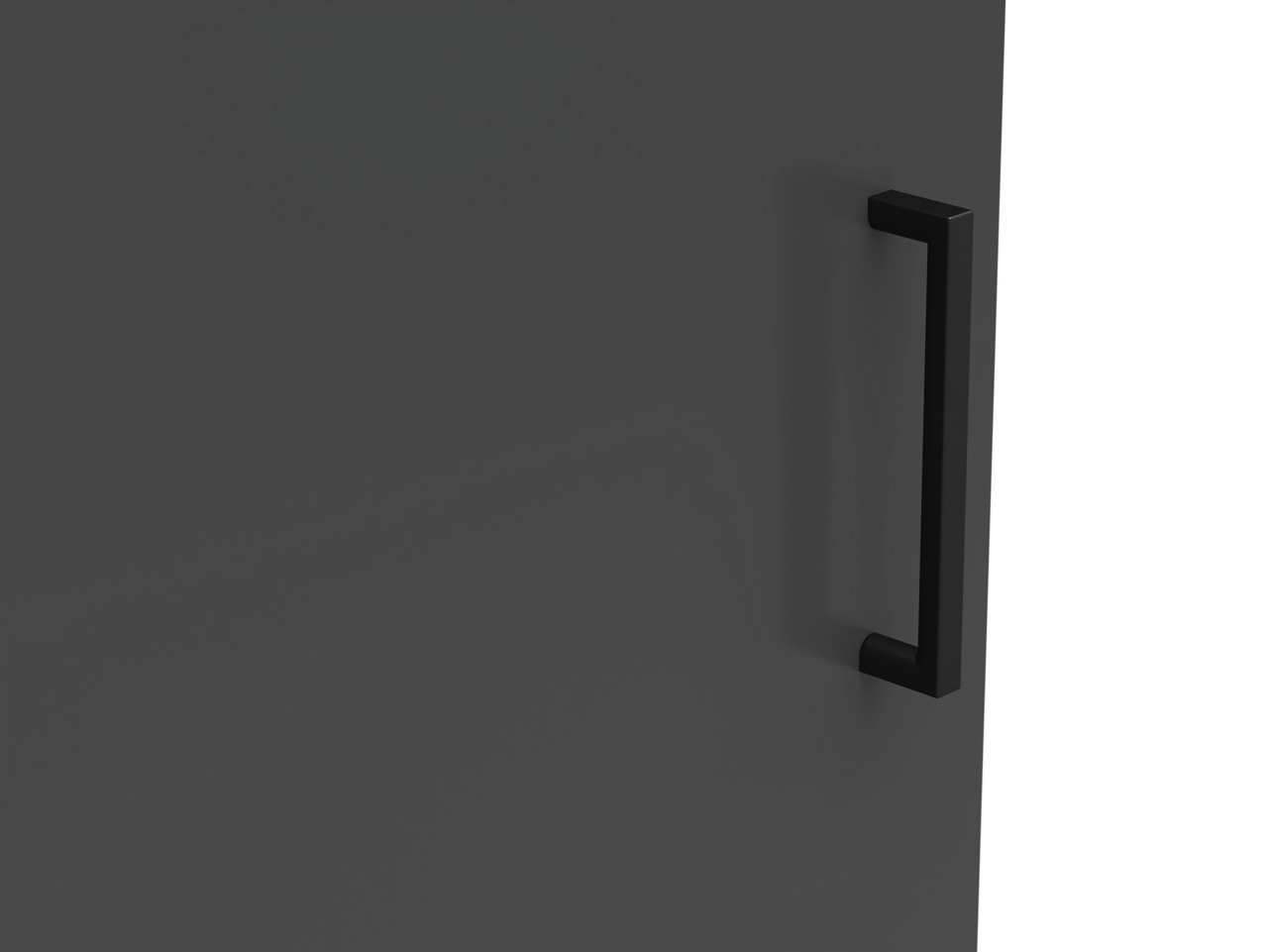 Nahaufnahme eines schwarzen Griffs an einer dunkelgrauen Kommodentür, seitliche Perspektive