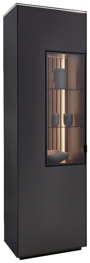 Moderne schwarze Vitrine mit Glastür, seitlicher Perspektive, beleuchtetem Innenraum und dekorativen Objekten.
