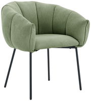 Grüner Armlehnstuhl mit gepolstertem Sitz und Rückenlehne, seitliche Perspektive