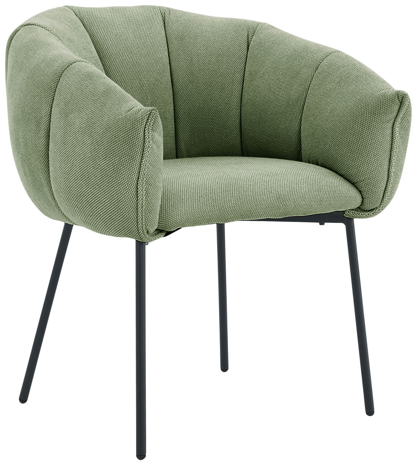 Grüner Armlehnstuhl mit gepolstertem Sitz und Rückenlehne, seitliche Perspektive