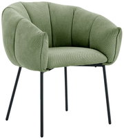 Groene fauteuil met gestoffeerde zitting en rugleuning, zijaanzicht