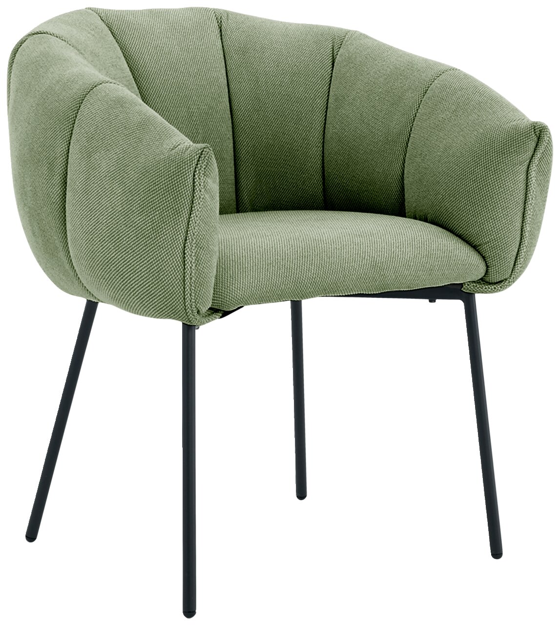 Groene fauteuil met gestoffeerde zitting en rugleuning, zijaanzicht