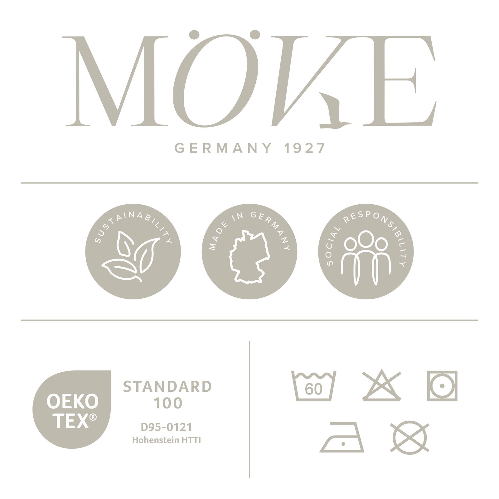 MÖVE Logo mit Nachhaltigkeit, Made in Germany und sozialer Verantwortung Symbolen, OEKO-TEX Standard 100 Zertifizierung, Vorderansicht