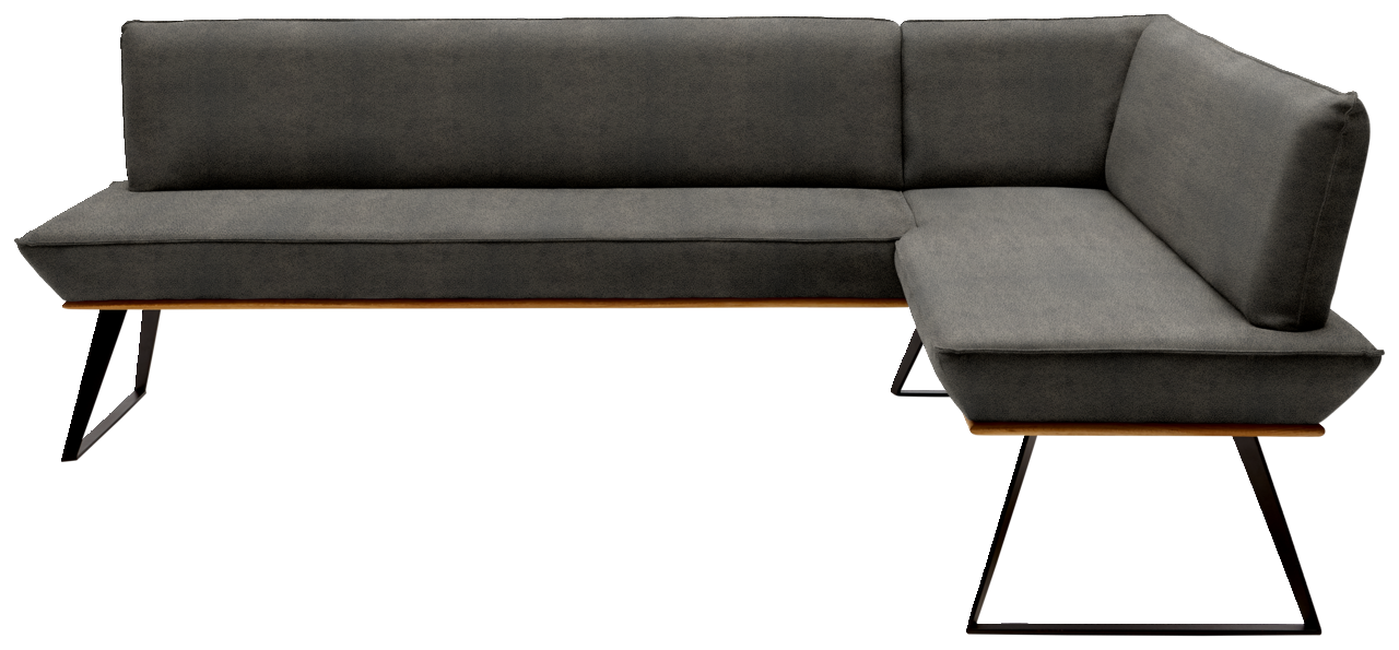 Moderne Eckbank in dunklem Grau mit Metallbeinen, seitliche Perspektive
