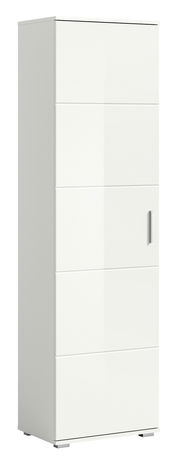 Weißer Garderobenschrank mit moderner, glatter Oberfläche und silbernem Griff, seitliche Perspektive
