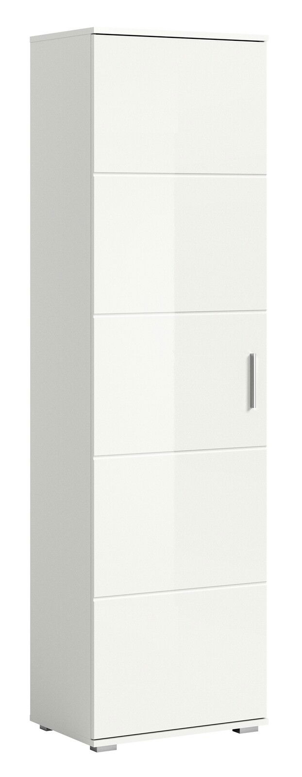 Weißer Garderobenschrank mit moderner, glatter Oberfläche und silbernem Griff, seitliche Perspektive