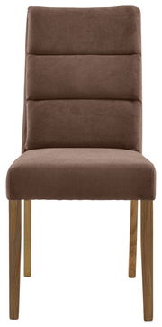 Brauner Stuhl mit gepolsterter Rückenlehne und Holzbeinen, Frontalansicht