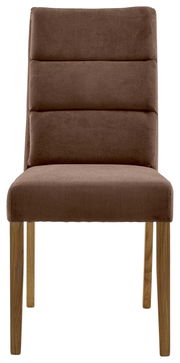 Brauner Stuhl mit gepolsterter Rückenlehne und Holzbeinen, Frontalansicht