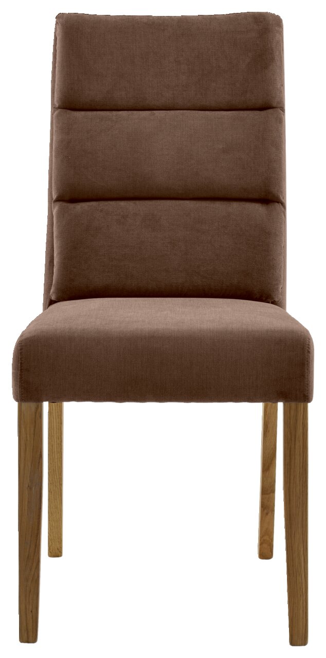 Brauner Stuhl mit gepolsterter Rückenlehne und Holzbeinen, Frontalansicht