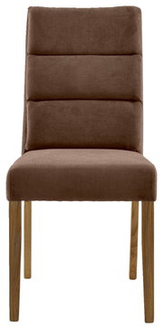 Brauner Stuhl mit gepolsterter Rückenlehne und Holzbeinen, Frontalansicht